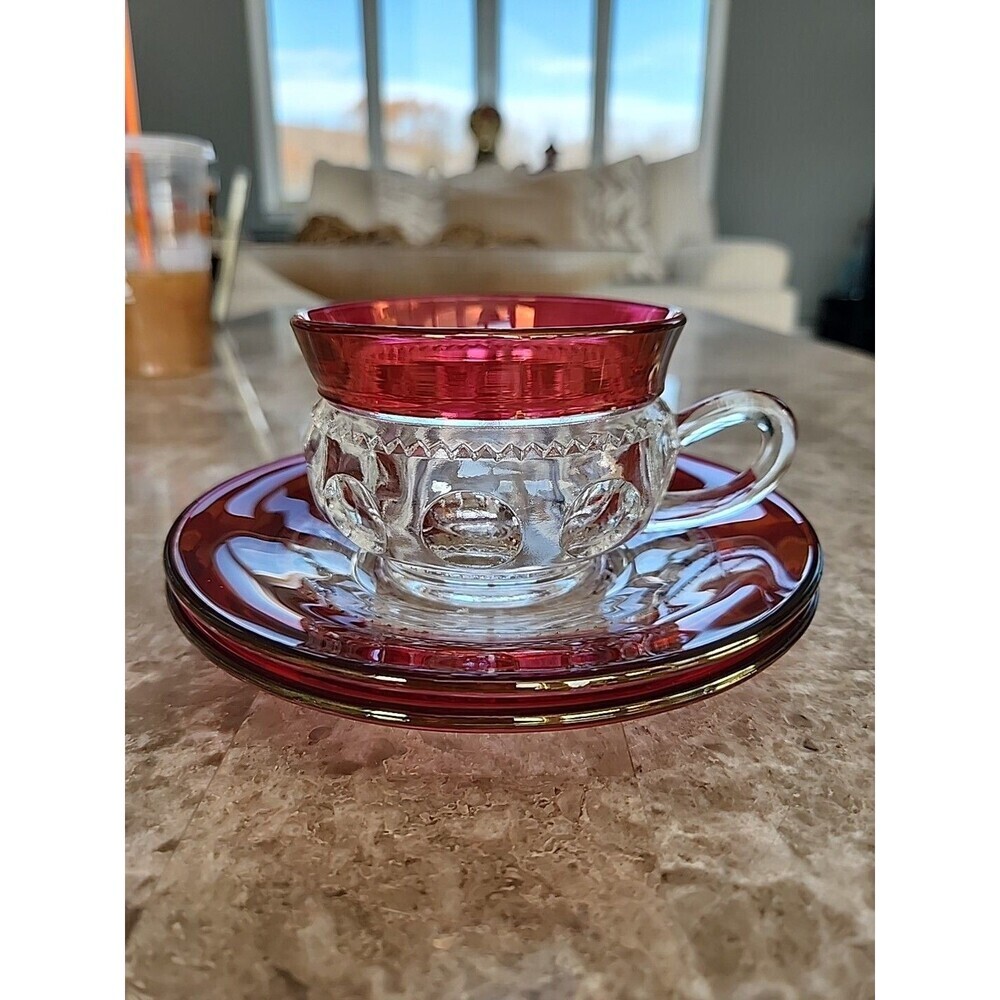 Indiana Glass Kings Crown Ruby Flash Cup And 2 Saucers